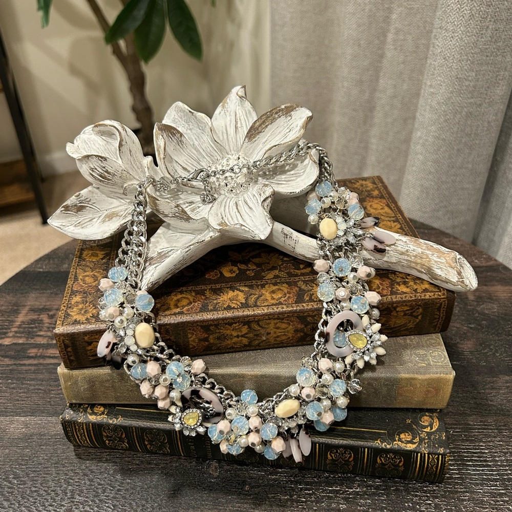 Elegant bib/choker Silver and multi colored gems Statement Necklace